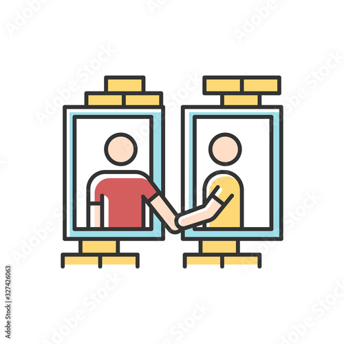 Neighbors in window frames RGB color icon. Dormitory mates relationship. Dormmates greeting each other. People living in one apartment block. Isolated vector illustration