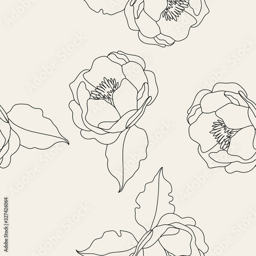 Monochrome seamless pattern with Peony flowers and leaves. Linear hand drawn texture