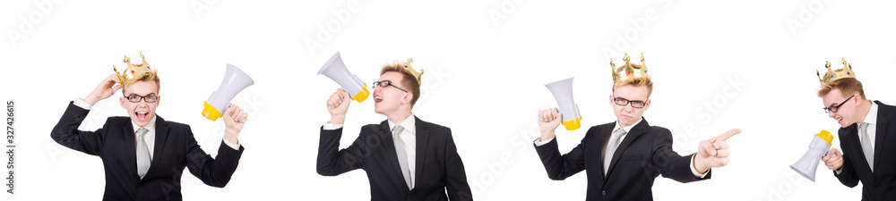 Man with crown and megaphone isolated on white Man with crown and megaphone isolated on white