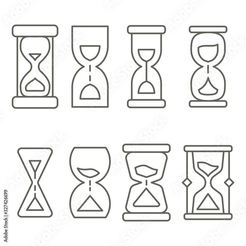 Hourglasses. Sandglasses monochrome simple vector illustrations in linear style. Deadline, countdown, time measurement. Vector illustrations.