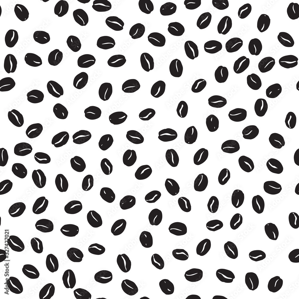 Coffee beans seamless pattern. Seeds of coffee randomly placed on white background. Wrapping repeating texture. Hand drawn vector eps8 illustration.