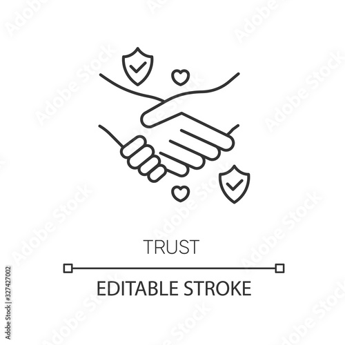 Trust pixel perfect linear icon. Thin line customizable illustration. Strong friendship, reliable partnership contour symbol. Trustworthy relationship. Vector isolated outline drawing. Editable stroke