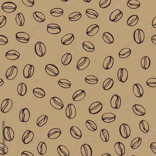 Coffee beans seamless pattern. Seeds of coffee randomly placed on brown background. Wrapping repeating texture. Hand drawn vector eps8 illustration.rn © Creativika Graphics