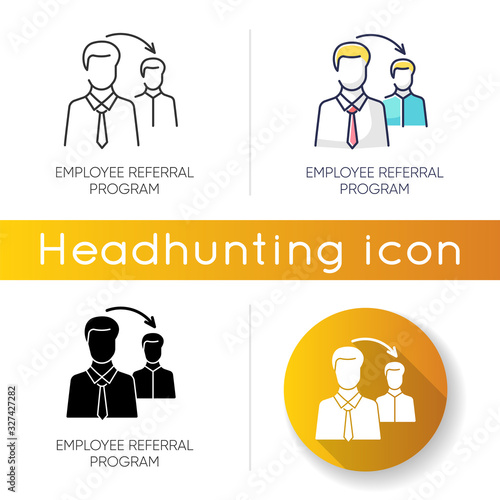 Employee referral program icon. Linear black and RGB color styles. Corporate workforce search, referal recruitment. Effective workers hiring strategy. Isolated vector illustrations