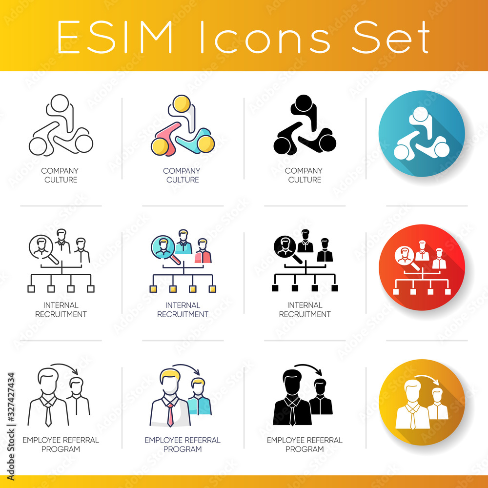 Headhunting icons set. Linear, black and RGB color styles. Company culture, internal recruitment and employee referral program. Professional employment strategies. Isolated vector illustrations Headhunting icons set. Linear, black and RGB color styles. Company culture, internal recruitment and employee referral program. Professional employment strategies. Isolated vector illustrations