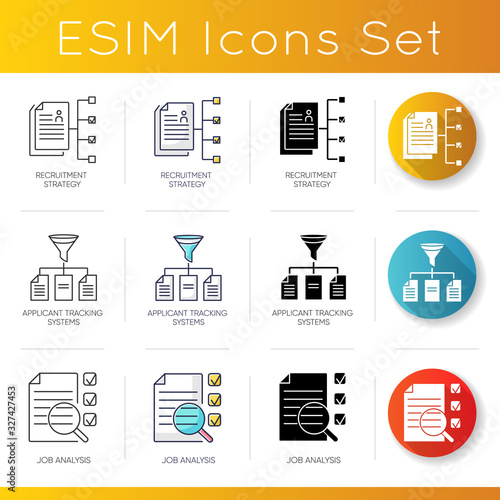 Executive search icons set. Linear, black and RGB color styles. Recruitment strategy, applicant tracking system and job analysis. Professional staff hiring. Isolated vector illustrations