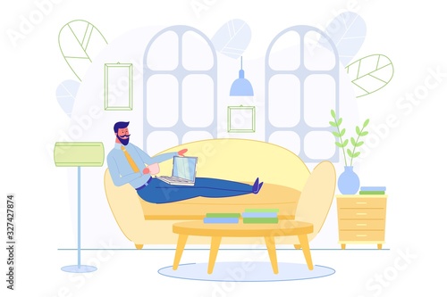 Man on Sofa and Work in Living Room with Coffee