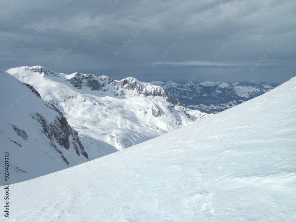 beautiful skitouring mountain terrain in winter landscape tennengebirge in austrian alps
