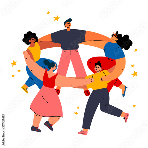Feminism concept.Diverse international and interracial women and man dancing together.Feminine and feminism ideas,woman empowerment.Cartoon characters.Colorful vector illustration on wite background.