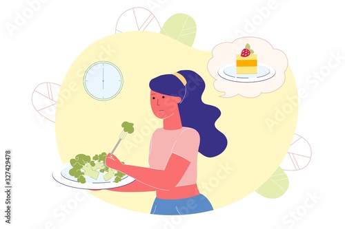 Overweight Woman Eats Broccoli, Thinks about Cake.