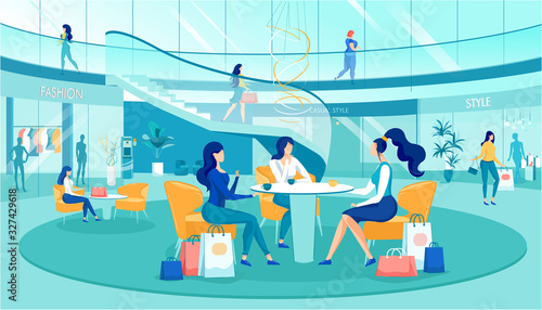 Shopping Girls Rest at Shop Mall Rest Zone Cartoon