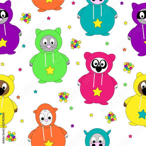 cute seamless vector illustration pattern of cartoon animals in snug onesie jumpsuit pajama loungewear suit