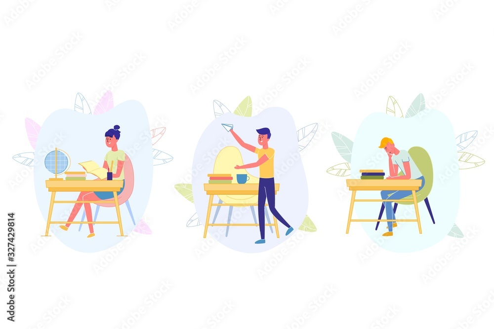 Kids Sit at Desks in Classroom Doing Activities. Kids Sit at Desks in Classroom Doing Activities.