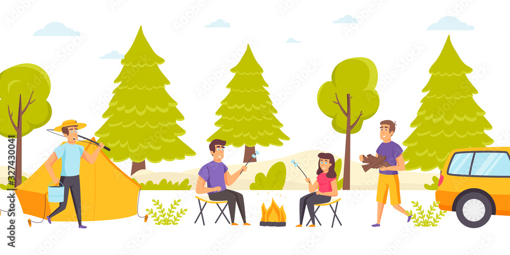 Group of friends spend time at forest campsite or camping with tent and ...