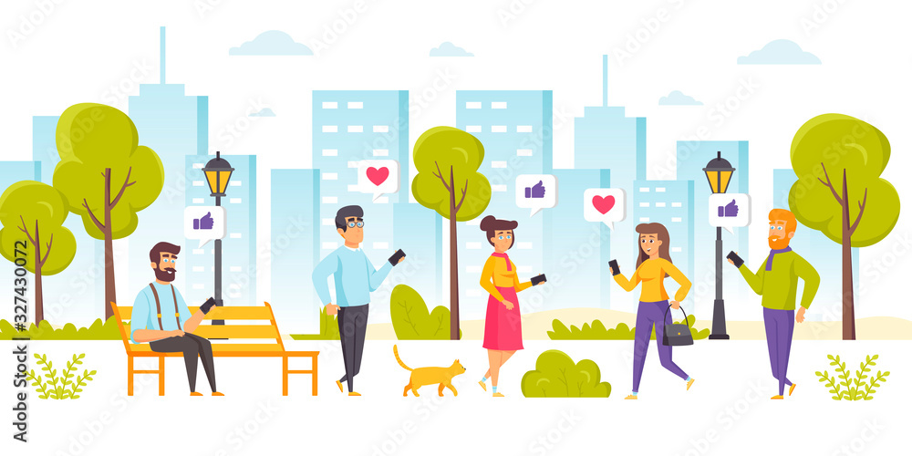 Men and women sending internet messages via cellphones. People sitting on bench or walking in park and using their mobile phones to receive feedback on social media. Flat cartoon vector illustration.