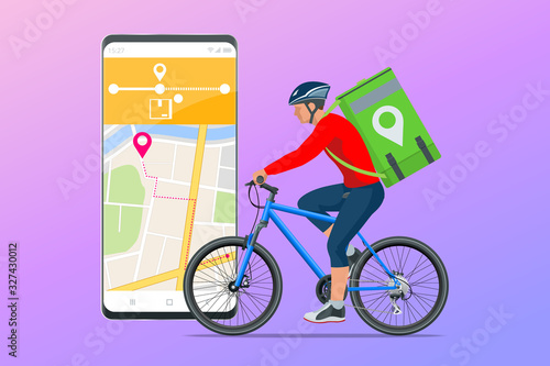 Bicycle courier, Express delivery service. Courier on bicycle with parcel box on the back delivering food In city. Ecological fast delivery. City Food delivery service. Online ordering.
