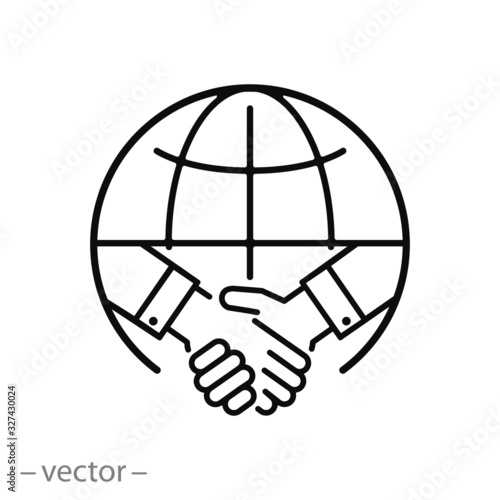 international deal icon, partner handshake, global trade, thin line web symbol on white background - editable stroke vector illustration eps10