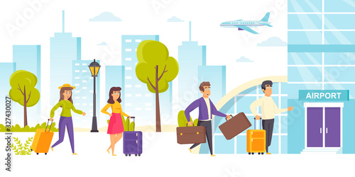 Happy men and women with suitcases walking towards airport terminal building. Funny tourists or travelers with baggage or luggage hurry for flight departure. Flat cartoon vector illustration.
