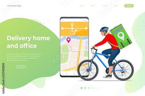 Bicycle courier, Express delivery service. Courier on bicycle with parcel box on the back delivering food In city. Ecological fast delivery. City Food delivery service. Online ordering.