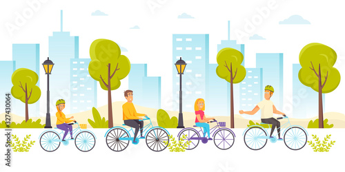 Happy friends riding bicycles. Young boys and girls biking in park. Funny people cycling together on city street. Healthy lifestyle, recreational outdoor activity. Flat cartoon vector illustration.