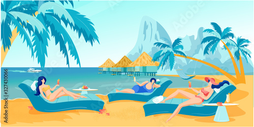 Cartoon Women Friends Resting at Tropical Resort