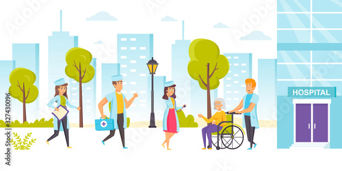 Doctors or physicians and disabled patient in wheelchair outside of hospital, clinic, emergency department, rehabilitation center building. Medical aid, healthcare. Flat cartoon vector illustration.