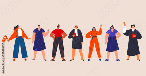 Happy women standing together and wave.Group of female friends,union of feminists,sisterhood.Poster design.Flat cartoon characters isolated on pink background.Colorful vector illustration.
