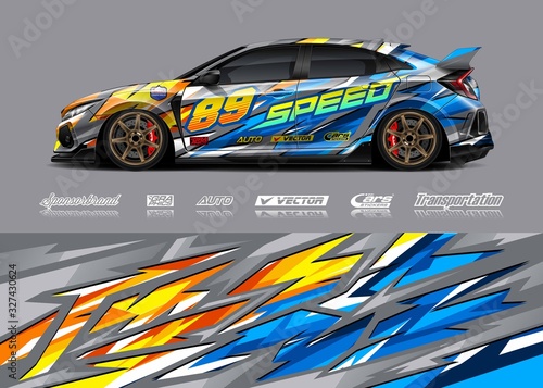 Racing car wrap design vector. Graphic abstract stripe racing background kit designs for wrap vehicle, race car, rally, adventure and livery