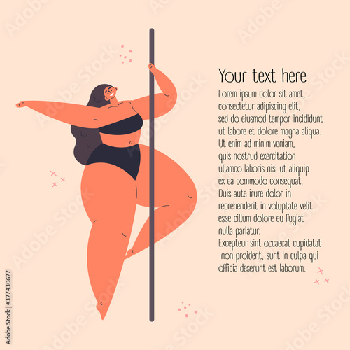 Plus size confident girl dancing on pylon.Elegant women sport.Love your body.Body positive concept.Your text here.Flat cartoon character on pink background.Colorful vector illustration