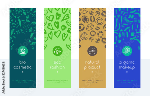 Organic makeup banners set. Cream label design. Natural cosmetics for vertical banner. Eco friendly badges. Abstract herbs pattern. Flyer template of beauty products. Bio cosmetic tag backgrounds.