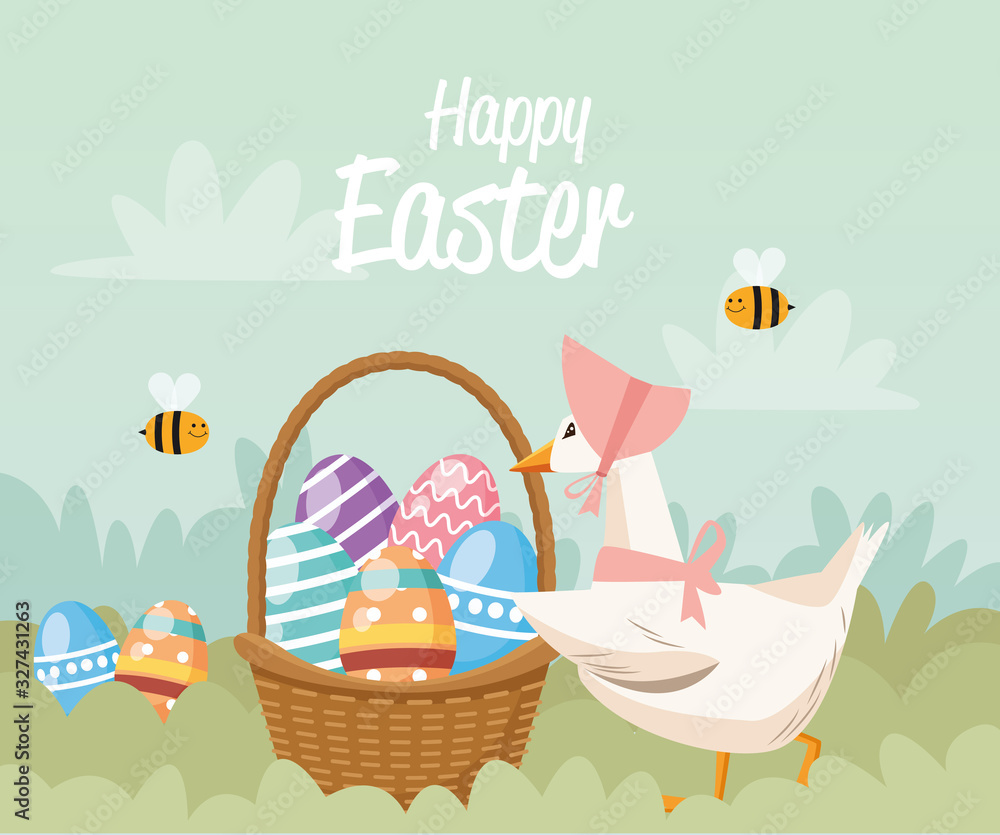 Naklejka premium happy easter card with duck and eggs painted in basket