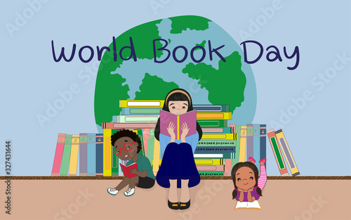Cartoon design illustration, World book day. Stack of colorful  books on shelf with kids sitting and reading on the floor.Education vector