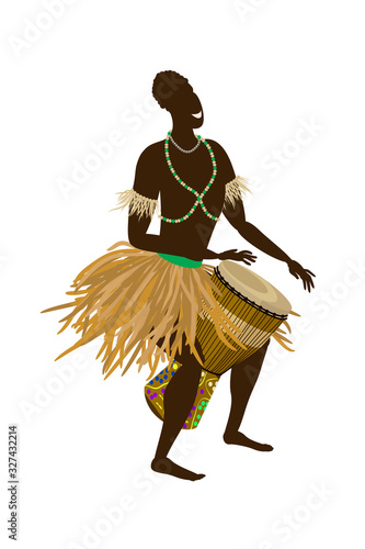 an African man in a national costume plays an ethnic drum, djembe. Vector illustration in flat style isolated on a white background.