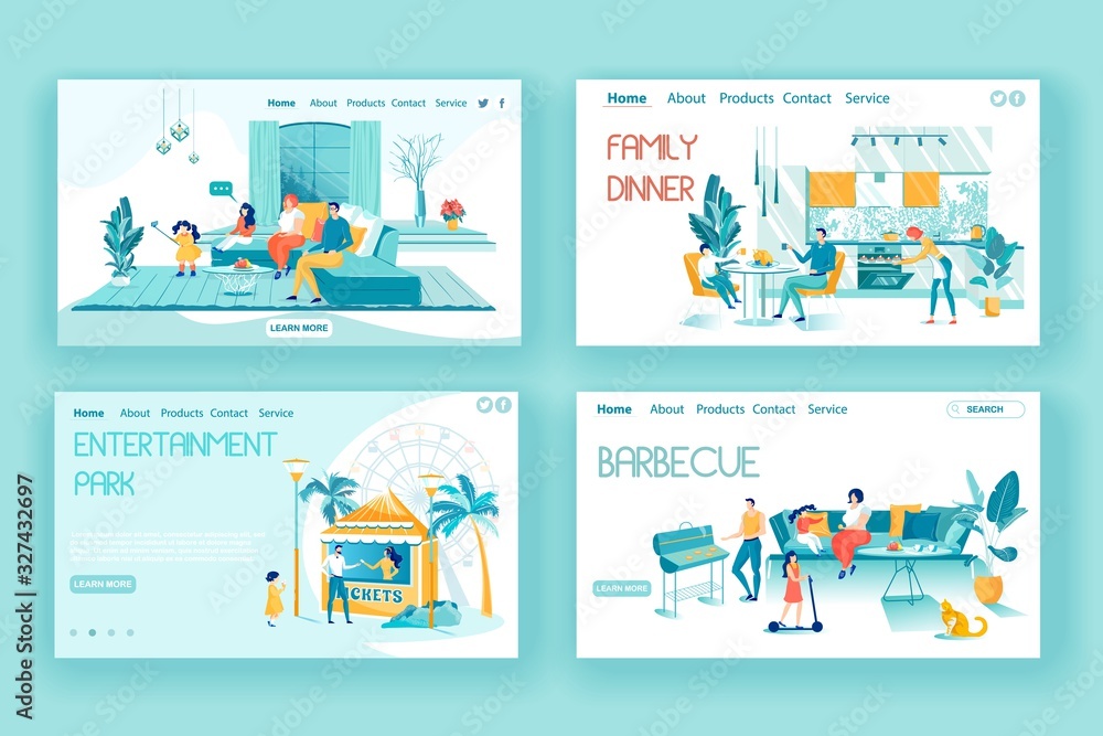 Happy Family Spend Time Together Landing Page Set