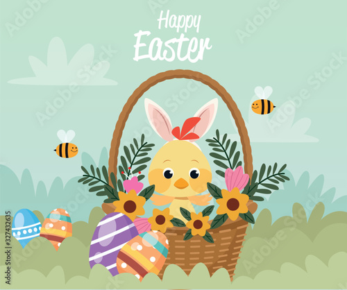 happy easter card with little chick and ears rabbit in basket