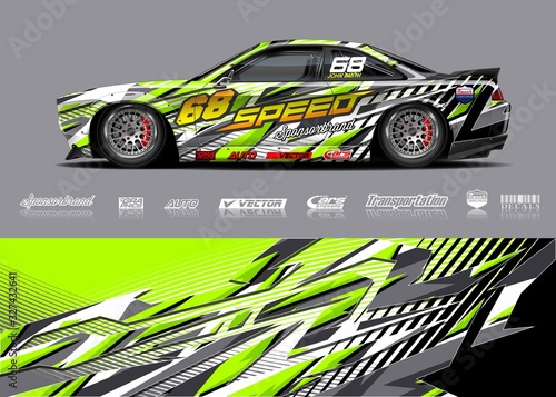 Racing car wrap design vector. Graphic abstract stripe racing background kit designs for wrap vehicle, race car, rally, adventure and livery