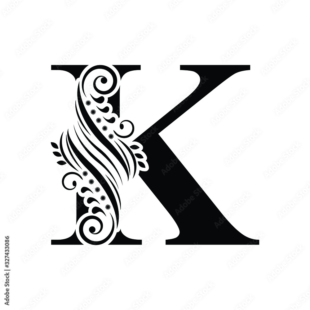 letter K. Black letters. flower beautiful capital alphabet Stock Vector