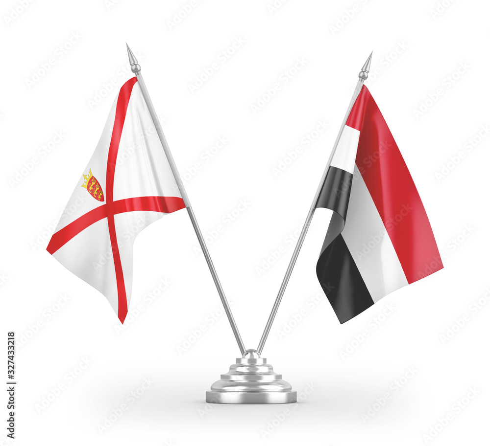 Yemen and Jersey table flags isolated on white 3D rendering Yemen and Jersey table flags isolated on white 3D rendering