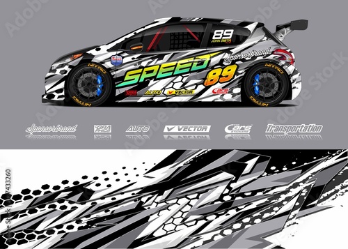 Racing car wrap design vector. Graphic abstract stripe racing background kit designs for wrap vehicle, race car, rally, adventure and livery