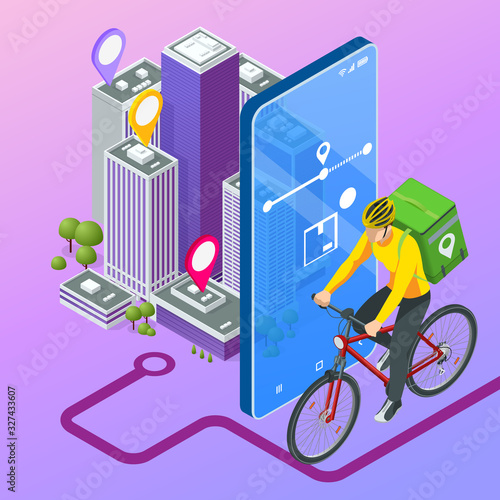 Isometric bicycle courier, Express delivery service. Courier on bicycle with parcel box on the back delivering food In city. Ecological fast delivery. City Food delivery service. Online ordering.