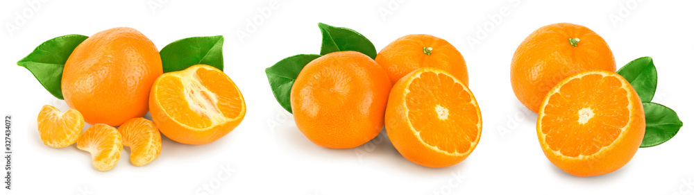 tangerine or mandarin fruit with leaves isolated on white background. Set or collection tangerine or mandarin fruit with leaves isolated on white background. Set or collection
