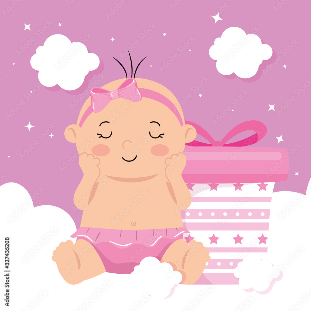 Fototapeta premium cute baby girl with gift box and clouds decoration vector illustration design