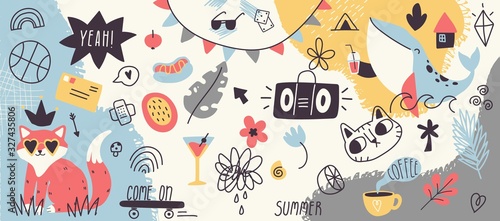 Collection of summer holiday, travel, beach vacation, tropical party decorative design elements isolated on white background. Flat cartoon colorful vector illustration.