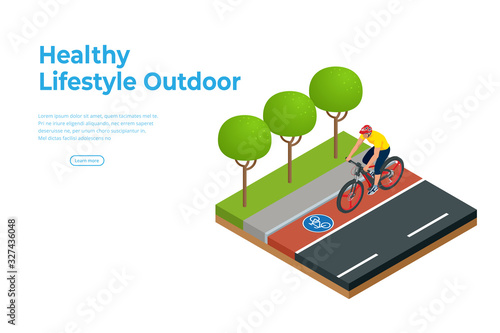 Isometric people on bicycle ride on the bicycle lane. Healthy Lifestyle Outdoor. Bike path.