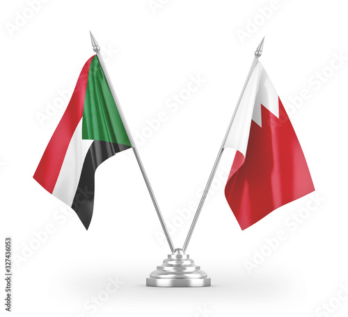 Bahrain and Sudan table flags isolated on white 3D rendering