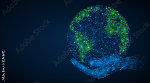 Planet earth on your hand. Earth day, concern for the environment. The futuristic concept of the protection of nature. Low-poly vector illustration.