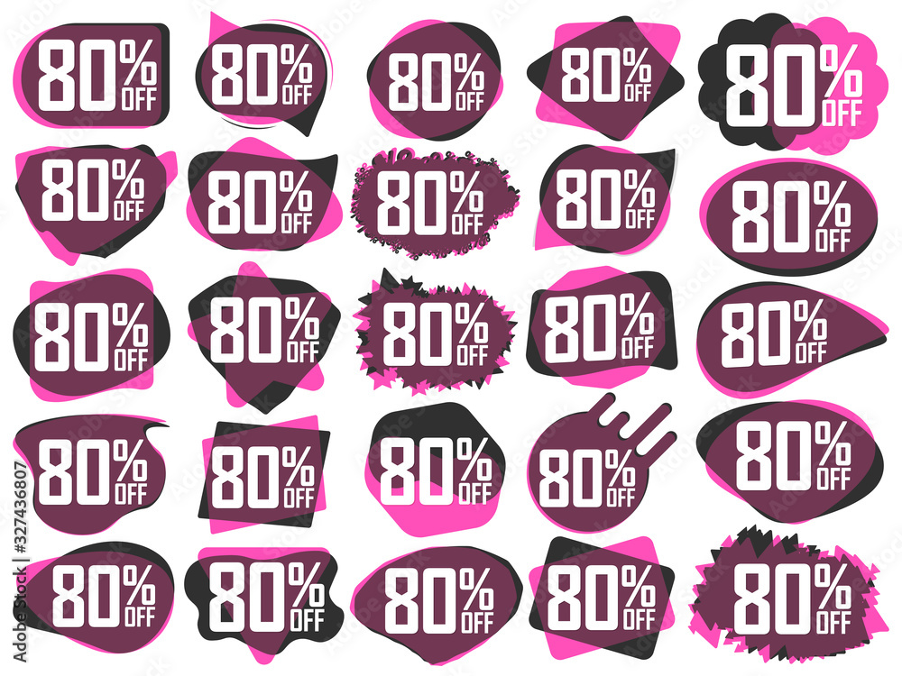 Set Sale 80% off tags, bubble banners design template, app icons, vector illustration