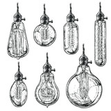 Hand drawn vector set of different geometric Edison loft lamps. Vintage light bulbs. Edison lamp with modern chandelier