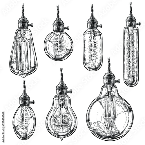 Fotografie, Tablou Hand drawn vector set of different geometric Edison loft lamps