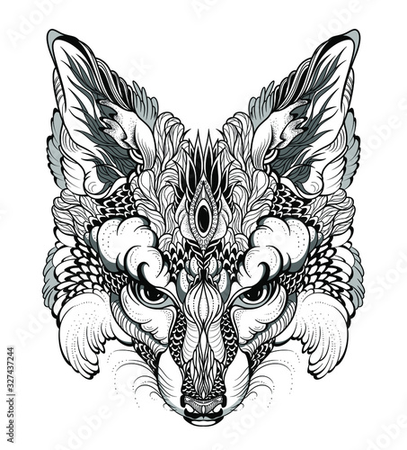 FOX head tattoo. psychedelic / zentangle style